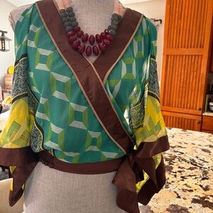 XOXO Green Geometric Wrap Blouse with Brown Trim and Yellow Accents